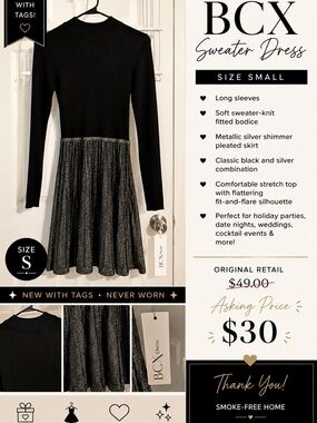 BCX Black and Silver Fit-and-Flare Long Sleeve Dress